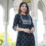 Akiko Women's Cotton Bandhej printed Short Kurti (Black)