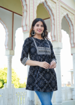 Akiko Women's Cotton Bandhej printed Short Kurti (Black)