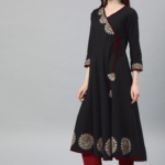 Akiko Women's Cotton Slub Patch Work Angrakha Kurta (Black)