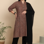 Akiko Women's Cotton Calf Length 3/4th Sleeve Mandarin Collar Striped Printed Straight Kurta with Pant & Dupatta