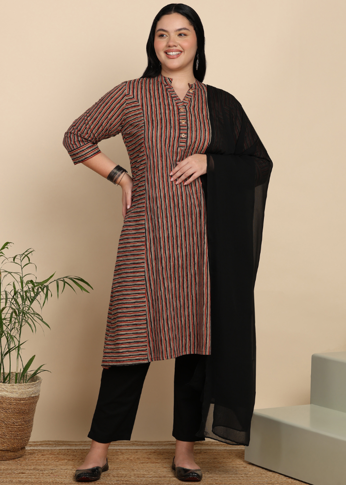 Untitled design (41) Akiko Women's Cotton Calf Length 3/4th Sleeve Mandarin Collar Striped Printed Straight Kurta with Pant & Dupatta - Image 1