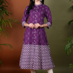 Akiko Women's Cotton Calf Length Ikat Print 3/4th Sleeve Mandarin Collar A-line Kurta