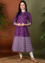 Akiko Women's Cotton Calf Length Ikat Print 3/4th Sleeve Mandarin Collar A-line Kurta