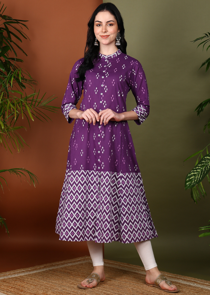 Untitled design (43) Akiko Women's Cotton Calf Length Ikat Print 3/4th Sleeve Mandarin Collar A-line Kurta - Image 1