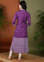 Akiko Women's Cotton Calf Length Ikat Print 3/4th Sleeve Mandarin Collar A-line Kurta - Image 2