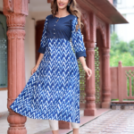 Akiko Women's Cotton Chevron Print Kaantha Work A-line Kurta (Blue)