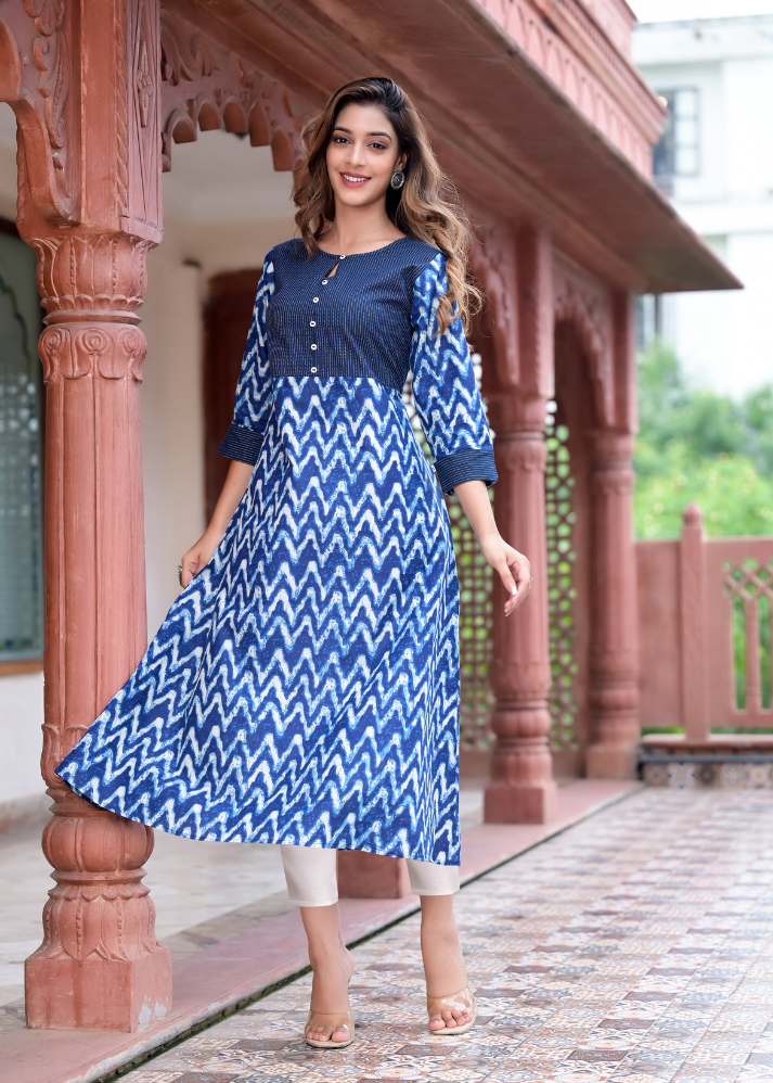 Untitled design (45) Akiko Women's Cotton Chevron Print Kaantha Work A-line Kurta (Blue) - Image 1