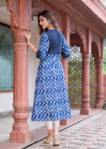 Akiko Women's Cotton Chevron Print Kaantha Work A-line Kurta (Blue) - Image 2