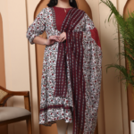Akiko Women's Cotton Floral Print With kantha Yoke Calf Length Round Neck 3/4TH Sleeve Anarkali Kurta And Duptta (White)