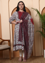 Akiko Women's Cotton Floral Print With kantha Yoke Calf Length Round Neck 3/4TH Sleeve Anarkali Kurta And Duptta (White)