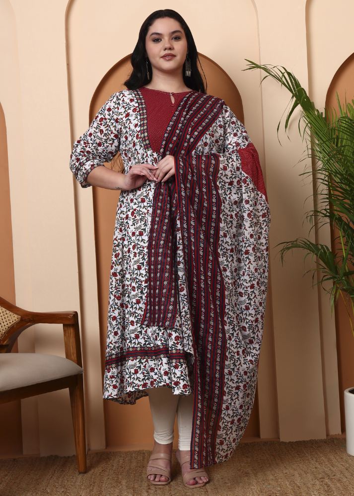 Untitled design (47) Akiko Women's Cotton Floral Print With kantha Yoke Calf Length Round Neck 3/4TH Sleeve Anarkali Kurta And Duptta (White) - Image 1
