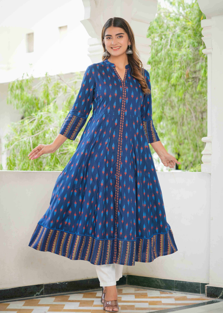 Untitled design (48) Akiko Women's Rayon Ikat Printed Anarkali Kurta (Blue) - Image 1