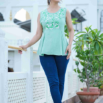 Akiko Women's Rayon Slub Embroidered Regular Top (Green)