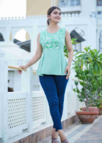 Akiko Women's Rayon Slub Embroidered Regular Top (Green)