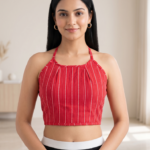 Akiko Women's Red Vertical Geometric Print Rayon Halter Neck Backless Blouse