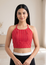 Akiko Women's Red Vertical Geometric Print Rayon Halter Neck Backless Blouse