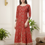 Akiko Womens Cotton Bandhej Print Anarkali Kurta (Red)