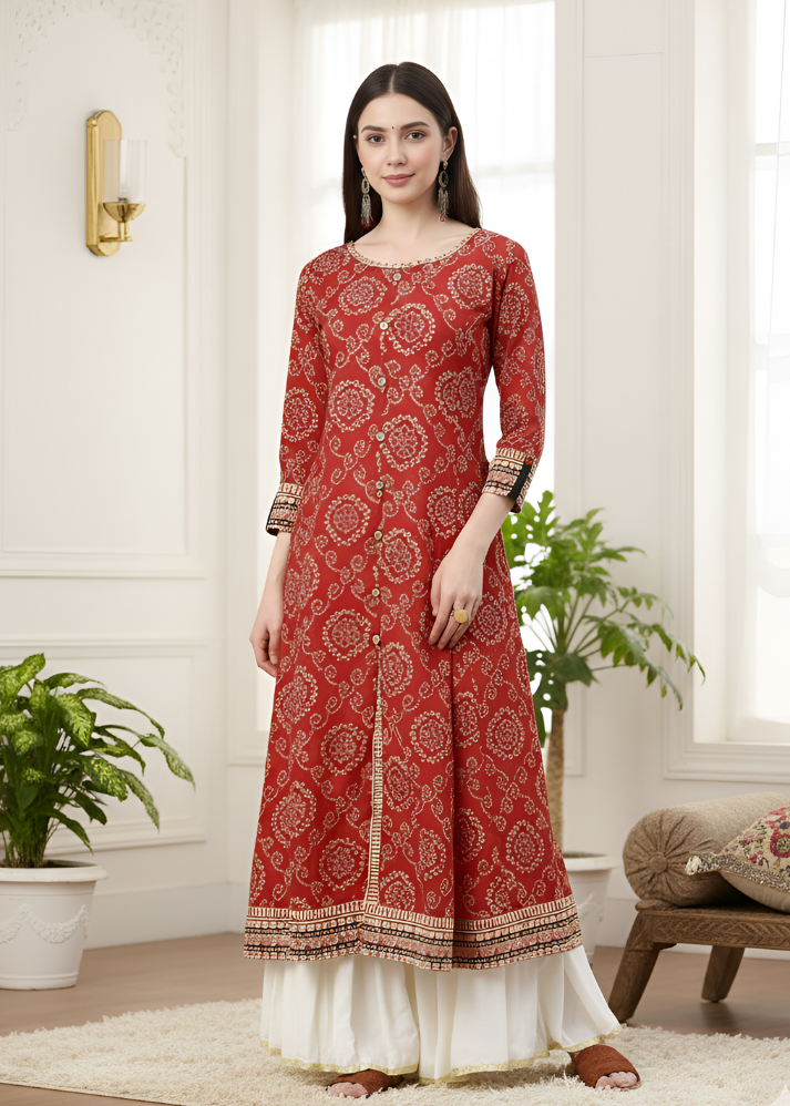 Untitled design (58) Akiko Womens Cotton Bandhej Print Anarkali Kurta (Red) - Image 1