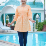 Akiko Women's Cotton Floral Printed Short Kurti (Orange)