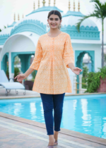 Akiko Women's Cotton Floral Printed Short Kurti (Orange)