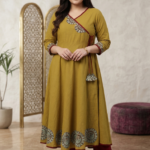 Akiko Women's Cotton Slub Patch Work Angrakha Kurta (Mustard)