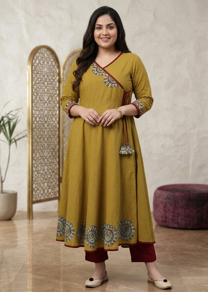 Untitled design (6) Akiko Women's Cotton Slub Patch Work Angrakha Kurta (Mustard) - Image 1