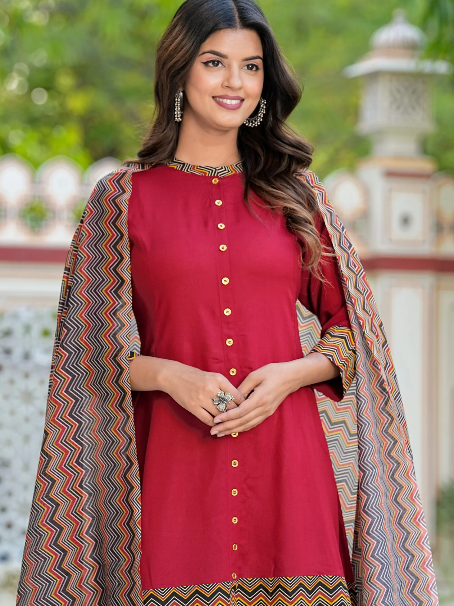 Untitled design (6) YASH GALLERY Women's Rayon & Cotton Cambric Zig-Zag Printed A-line Kurta & Duptta - Image 1