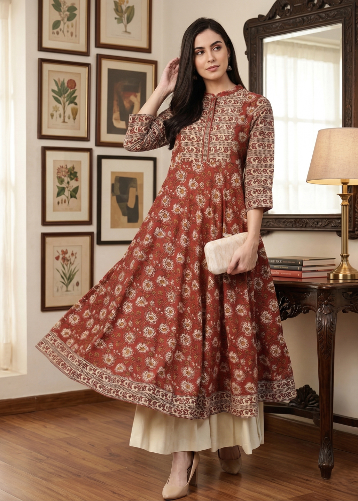 Untitled design (61) Akiko Women's Cotton Floral Printed Yoke Design Anarkali Kurta - Image 1