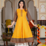 Akiko Women's Cotton Geometric Print Anarkali Kurta (Mustard)