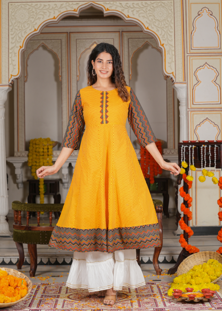 Untitled design (63) Akiko Women's Cotton Geometric Print Anarkali Kurta (Mustard) - Image 1