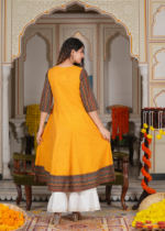 Akiko Women's Cotton Geometric Print Anarkali Kurta (Mustard) - Image 2