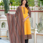Akiko Women's Cotton Geometric Print Anarkali Kurta (Mustard) & Duptta