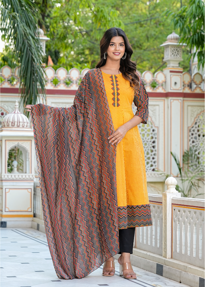Untitled design (65) Akiko Women's Cotton Geometric Print Anarkali Kurta (Mustard) & Duptta - Image 1