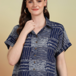 Akiko Women's Cotton Geometrical Printed Half Sleeve Regular fit Collared Shirt (Blue)