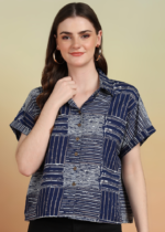 Akiko Women's Cotton Geometrical Printed Half Sleeve Regular fit Collared Shirt (Blue)