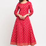 Akiko Women's Cotton Gold Print Anarkali Kurta (RED)