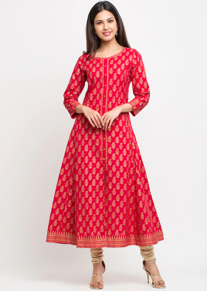 Untitled design (69) Akiko Women's Cotton Gold Print Anarkali Kurta (RED) - Image 1