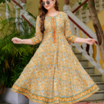 Akiko Women?s Cotton Blend 3/4 Sleeve Round Neck Floral Printed Anarkali Kurta (Beige)