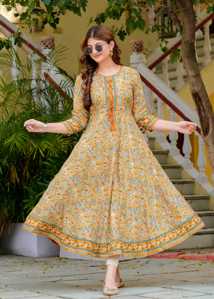 Untitled design (7) Akiko Women?s Cotton Blend 3/4 Sleeve Round Neck Floral Printed Anarkali Kurta (Beige) - Image 1