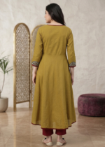 Akiko Women's Cotton Slub Patch Work Angrakha Kurta (Mustard) - Image 2