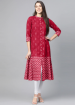 Akiko Women's Cotton Ikat Printed A-line Kurta (Red)