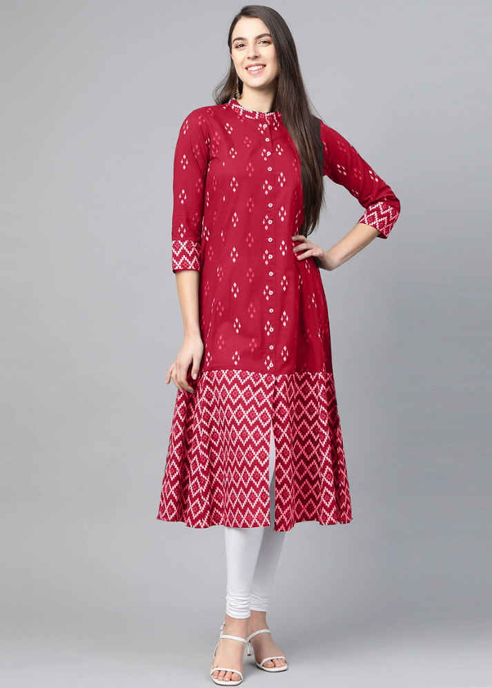Untitled design (73) Akiko Women's Cotton Ikat Printed A-line Kurta (Red) - Image 1