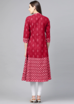 Akiko Women's Cotton Ikat Printed A-line Kurta (Red) - Image 2