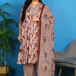 Akiko Women?s Cotton Floral Printed A-lineKurta with Dupatta and Pant V-Neckline 3/4th Sleeves (Maroon)