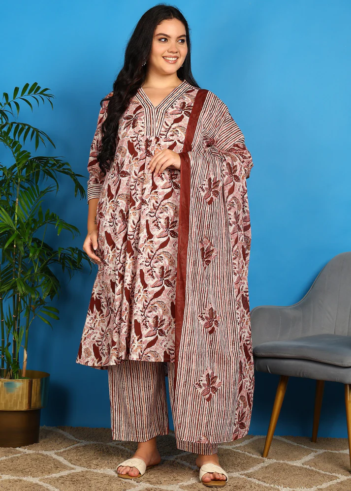 Untitled design (9) Akiko Women?s Cotton Floral Printed A-lineKurta with Dupatta and Pant V-Neckline 3/4th Sleeves (Maroon) - Image 1